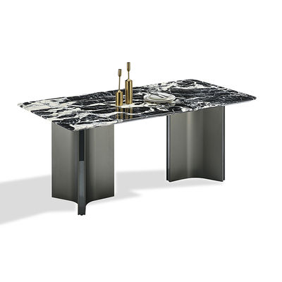 Buen precio Moderno Bulgari Tablero de piedra sinterizada negra PVD Revestimiento Espejo de color negro Base de acero inoxidable Mesa de comedor en línea