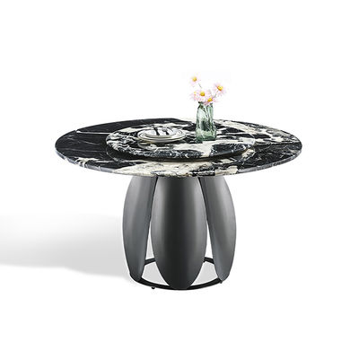 Buen precio Mesa de comedor moderna redonda de piedra sinterizada negra con acero inoxidable y plataforma giratoria en línea